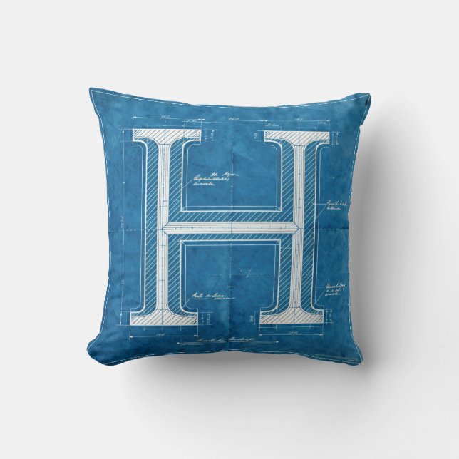 Blueprint Monogram Letter H Throw Pillow (Front)