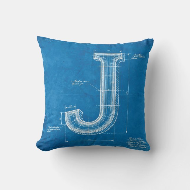 Blueprint Monogram Letter J Throw Pillow (Front)
