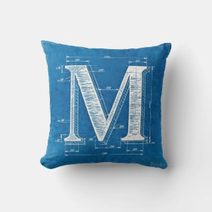 Blueprint Monogram Letter M Throw Pillow