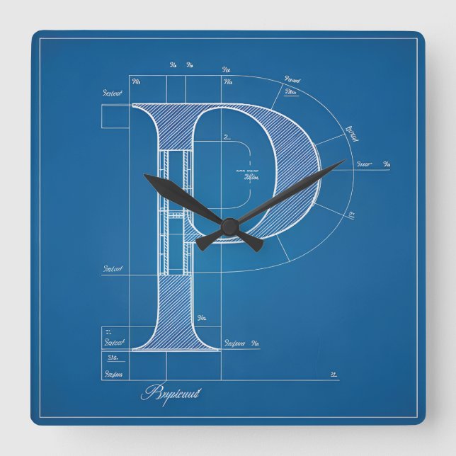 Blueprint Monogram Letter P Square Wall Clock (Front)
