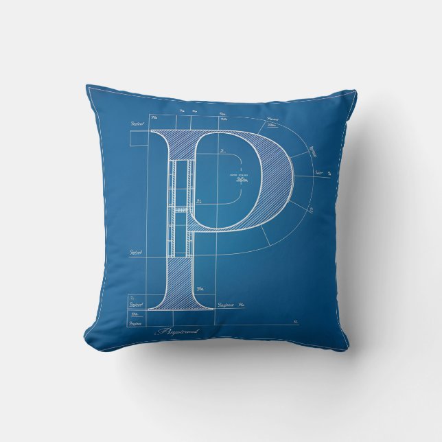 Blueprint Monogram Letter P Throw Pillow (Front)