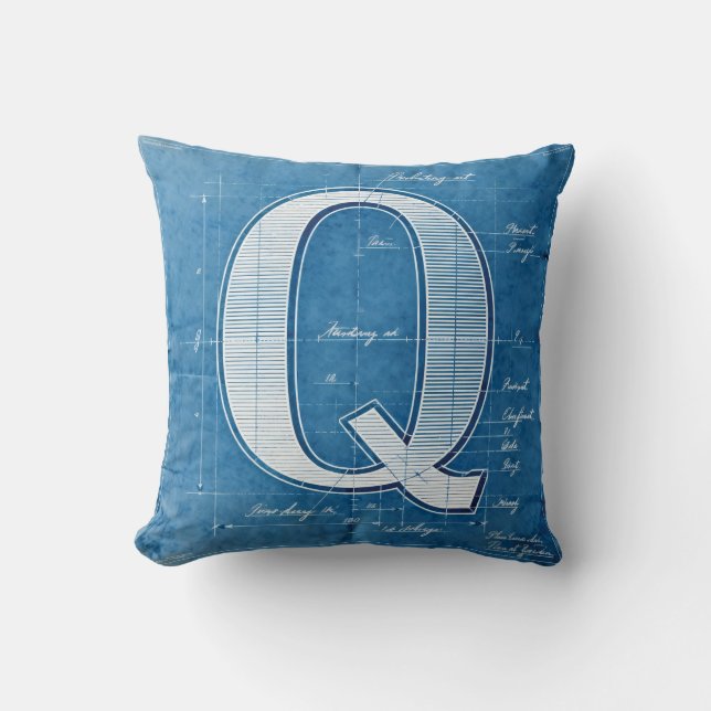 Blueprint Monogram Letter Q Throw Pillow (Front)