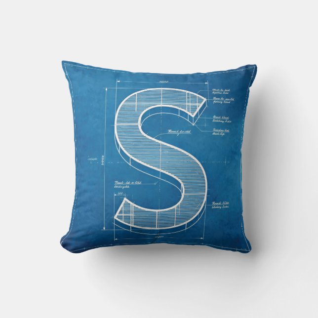 Blueprint Monogram Letter S Throw Pillow (Front)
