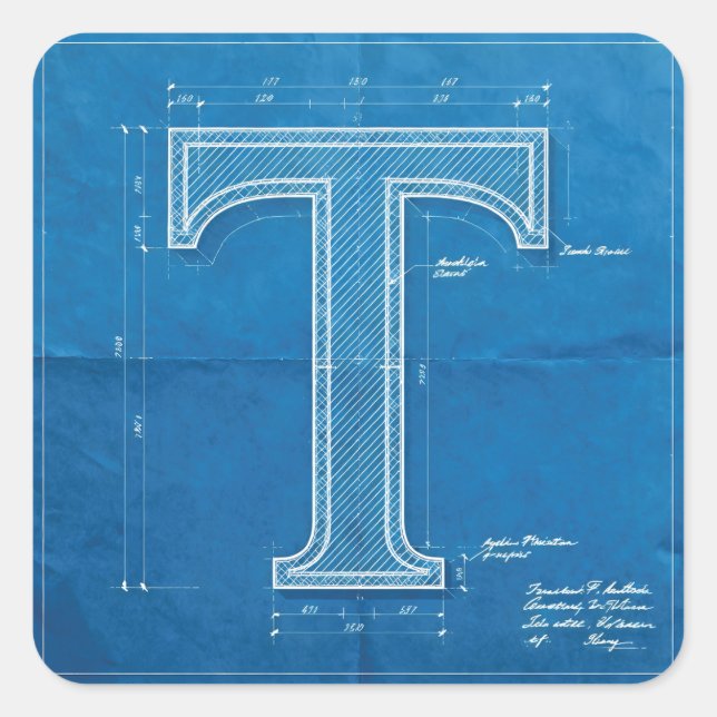 Blueprint Monogram Letter T Square Sticker (Front)