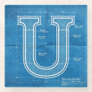 Blueprint Monogram Letter U Glass Coaster
