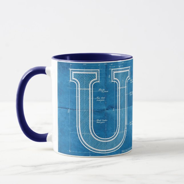 Blueprint Monogram Letter U Mug (Left)