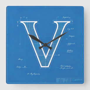 Blueprint Monogram Letter V Square Wall Clock