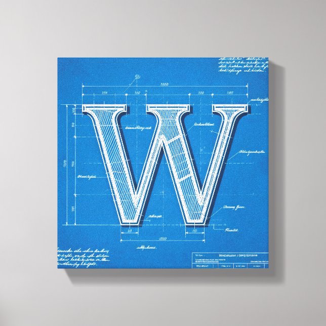 Blueprint Monogram Letter W Canvas Print (Front)
