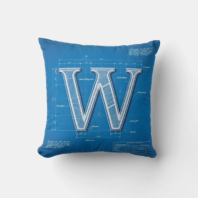 Blueprint Monogram Letter W Throw Pillow (Front)
