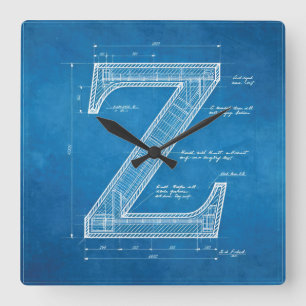 Blueprint Monogram Letter Z Square Wall Clock