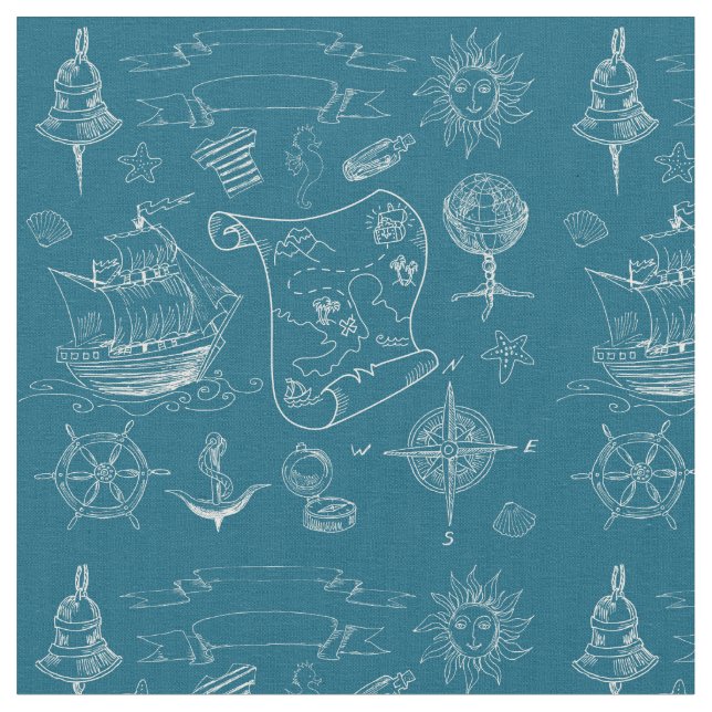 Blueprint Nautical Graphic Pattern Fabric (Close Up)