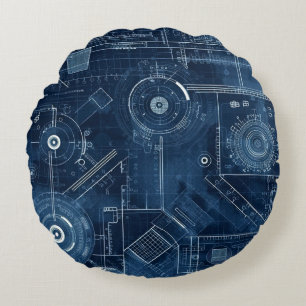 Blueprint Technical Drawing Geometric Round Pillow