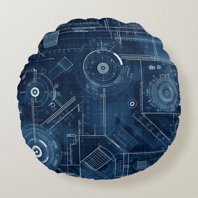 Blueprint Technical Drawing Geometric Round Pillow (Front)