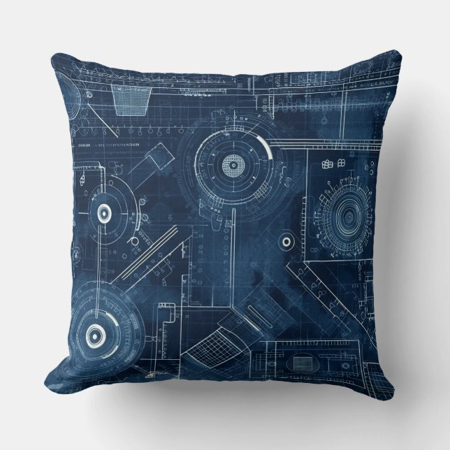 Blueprint Technical Drawing Geometric Throw Pillow (Front)