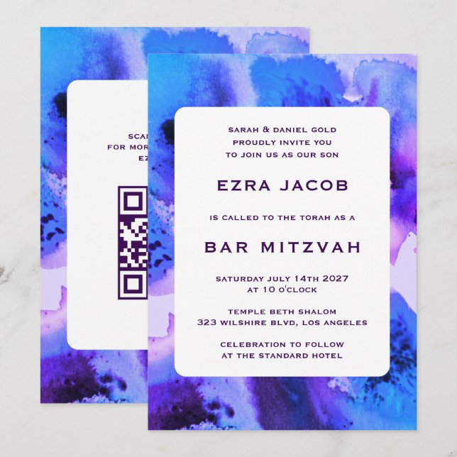 BluePurpl Watercolor Custom QRCode Bar/Bat Mitzvah Invitation (Front/Back)