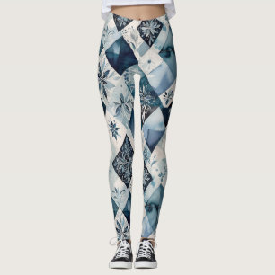 Blues And Creams In A Floral Diamonds Pattern Leggings