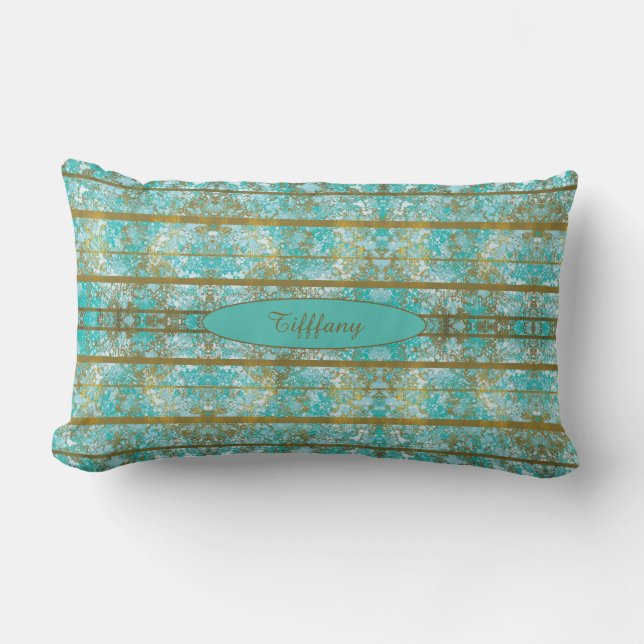 Blues and Gold Pattern Monogrammed Lumbar Pillow (Front)