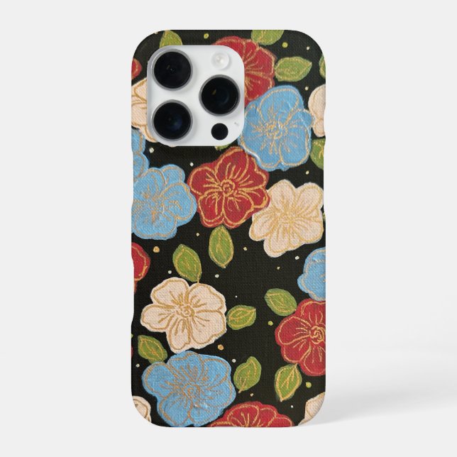 Blues and pinks and gold floral iPhone 16 Pro Case (Back)