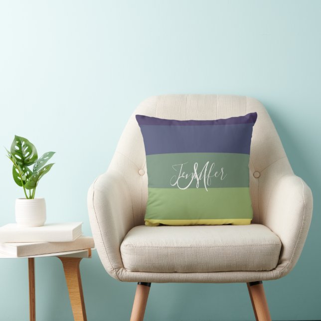 Blues + Greens Colour Block Stripe Monogram Name Throw Pillow (Chair)