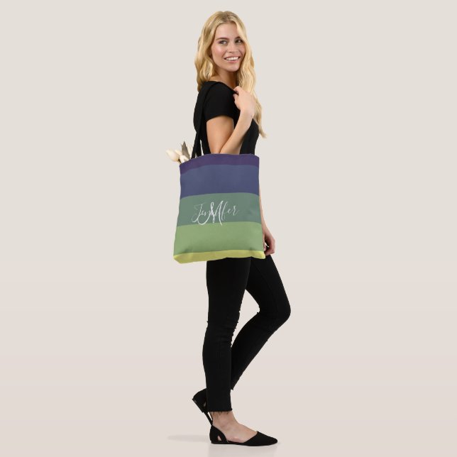 Blues + Greens Colour Block Stripe Monogram Name Tote Bag (On Model)