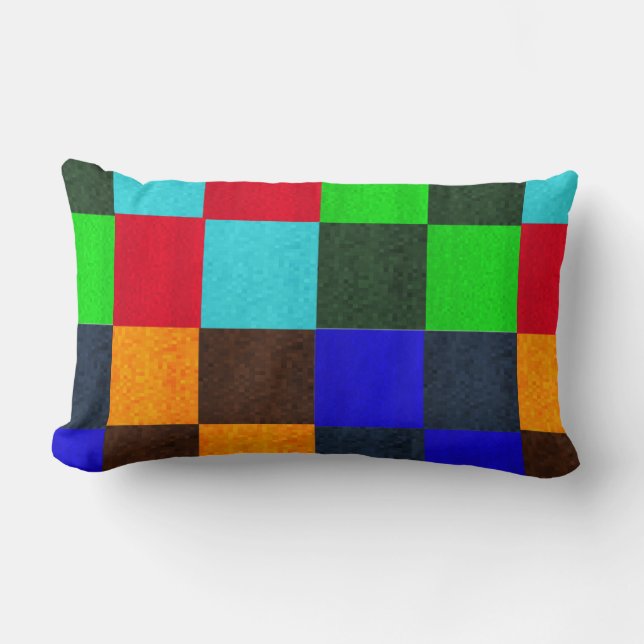 Blues Greens Multi Coloured Mosaic Checks Pattern, Lumbar Pillow (Front)