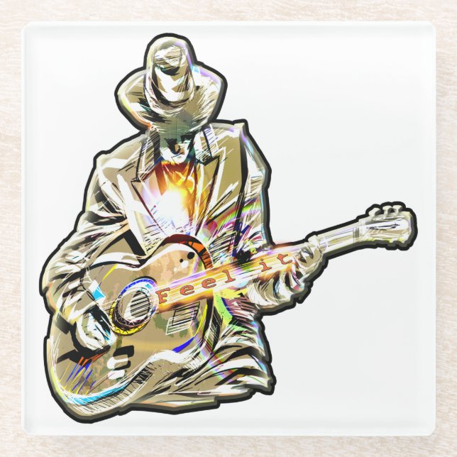 Blues Guitarist – Feel the Music Art Glass Coaster (Front)