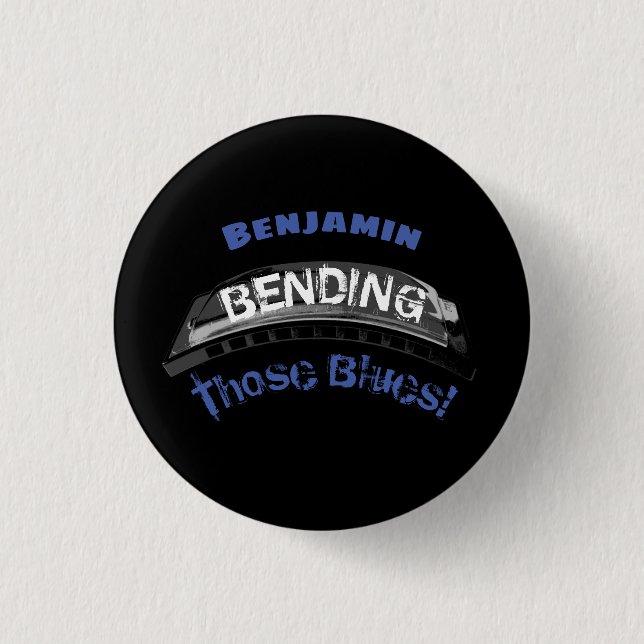 Blues harmonica player bending humour musician 1 inch round button (Front)