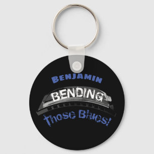 Blues harmonica player bending humour musician keychain