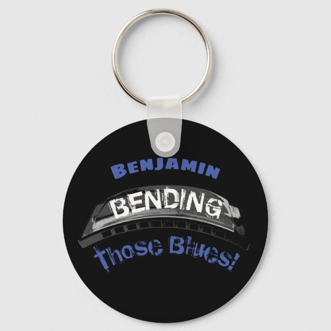 Blues harmonica player bending humour musician keychain (Front)