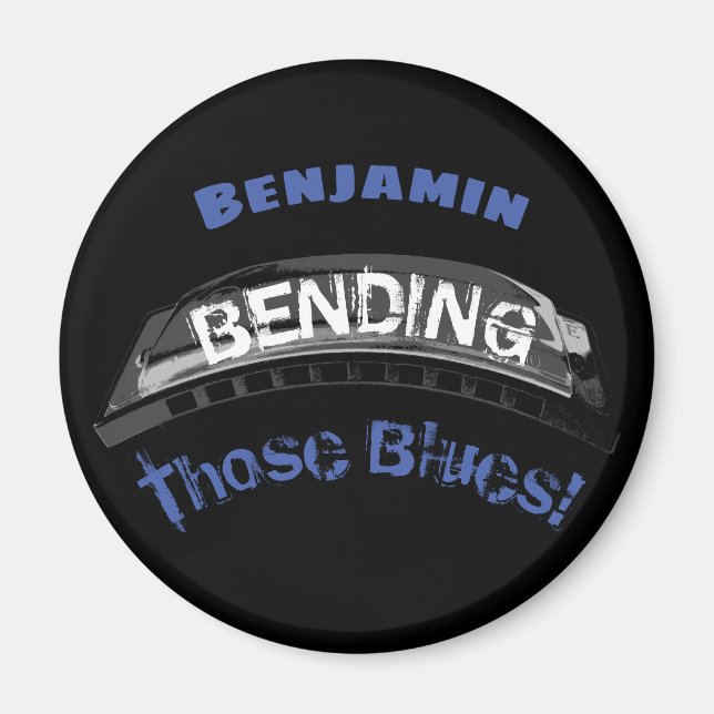 Blues harmonica player bending humour musician magnet (Front)