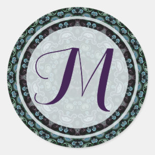 Blues Kaleidoscope Monogram Round Sticker, Glossy Classic Round Sticker