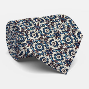 Blues, Saddle Brown, Tan, Black & Cream Floral Pat Tie