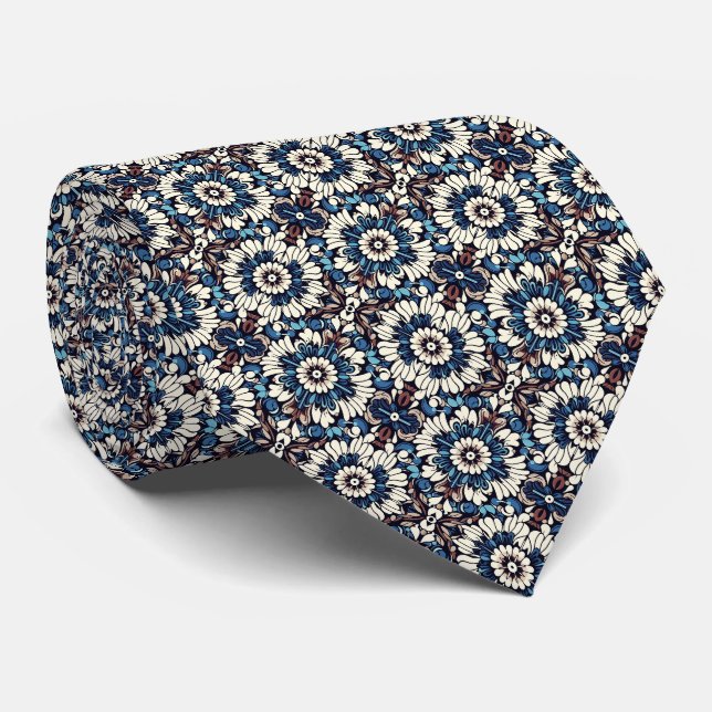 Blues, Saddle Brown, Tan, Black & Cream Floral Pat Tie (Rolled)