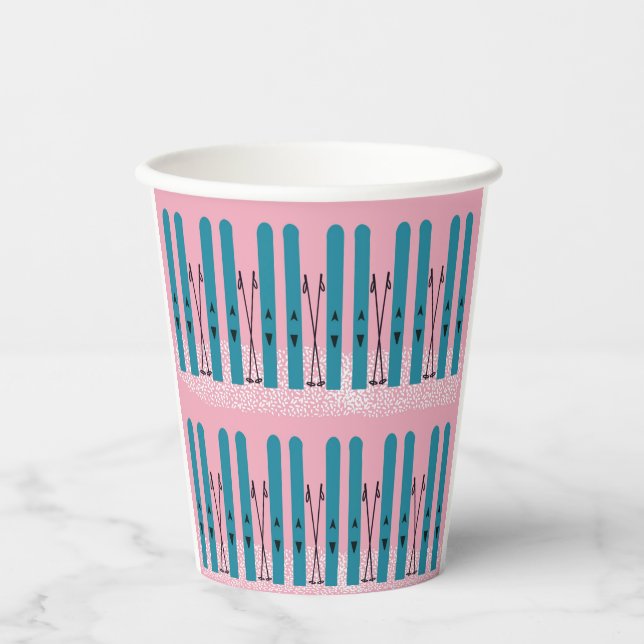 Blues skis on snow with pink background paper cups (Front)