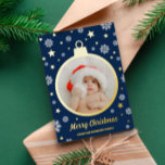 BlueSnowflakes & Gold Stars Merry Christmas Bauble Foil Holiday Card<br><div class="desc">Charming navy blue and gold foil Merry Christmas photo card with your photo inside a gold foil bauble surrounded by white snowflakes and gold foil stars with retro fonts. Snowflake-themed gold foil Christmas card with your photo inside a bauble-shaped gold foil frame. Send warm Christmas wishes to your loved ones...</div>
