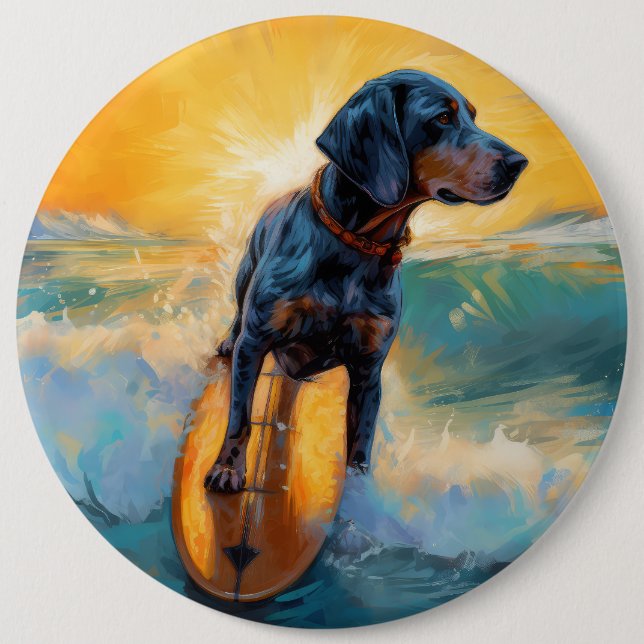 Bluetick Coonhound Beach Surfing Painting  6 Inch Round Button (Front)