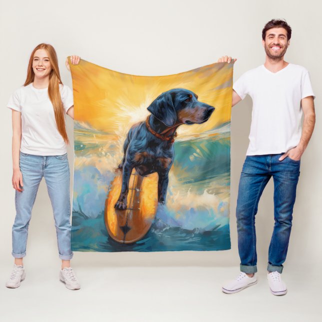 Bluetick Coonhound Beach Surfing Painting  Fleece Blanket (In Situ)
