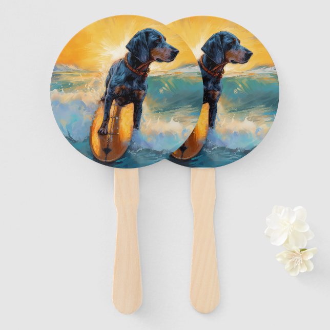 Bluetick Coonhound Beach Surfing Painting  Hand Fan (Front and Back)