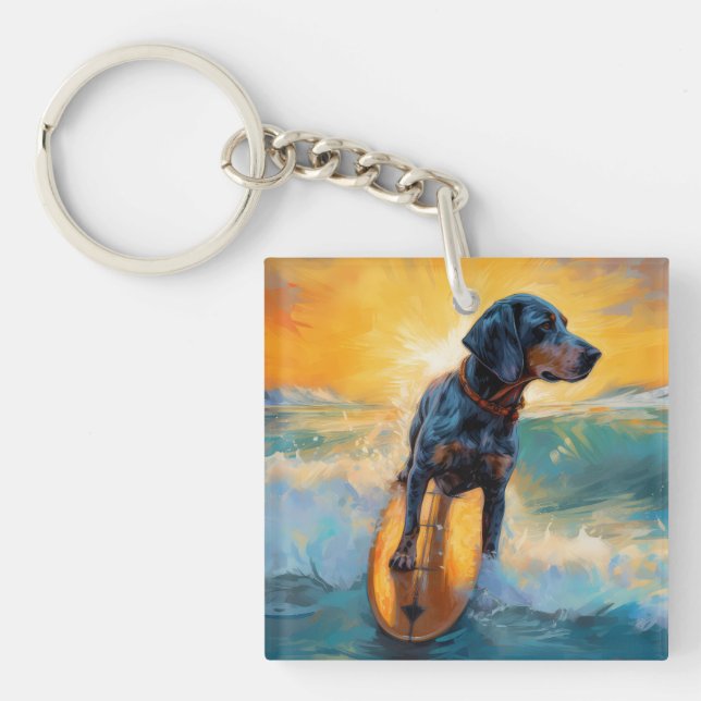 Bluetick Coonhound Beach Surfing Painting  Keychain (Front)
