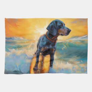 Bluetick Coonhound Beach Surfing Painting Kitchen Towel