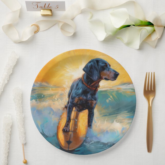 Bluetick Coonhound Beach Surfing Painting  Paper Plate (Wedding)