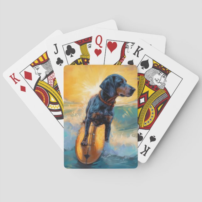 Bluetick Coonhound Beach Surfing Painting  Playing Cards (Back)