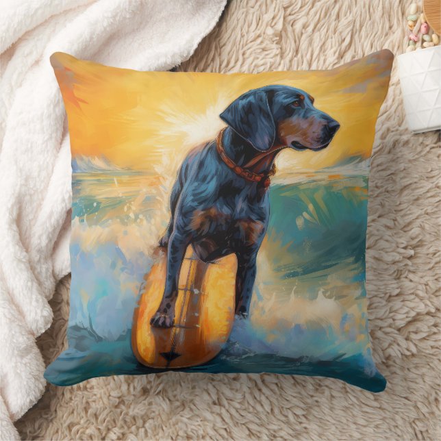 Bluetick Coonhound Beach Surfing Painting  Throw Pillow (Blanket)