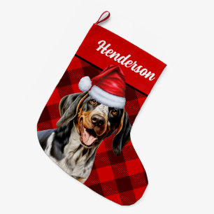 Bluetick Coonhound Buffalo Plaid and Dogs Name Large Christmas Stocking