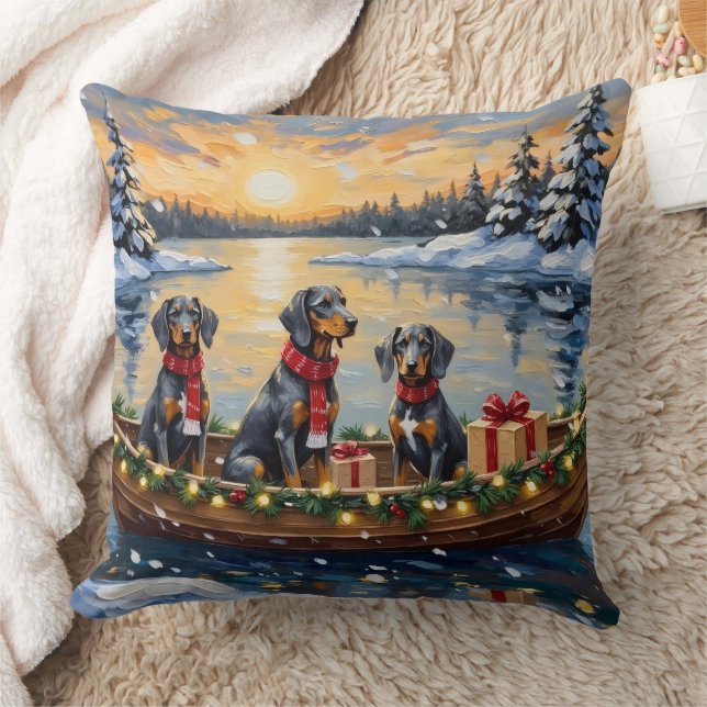 Bluetick Coonhound Christmas Boat Holiday Throw Pillow (Blanket)