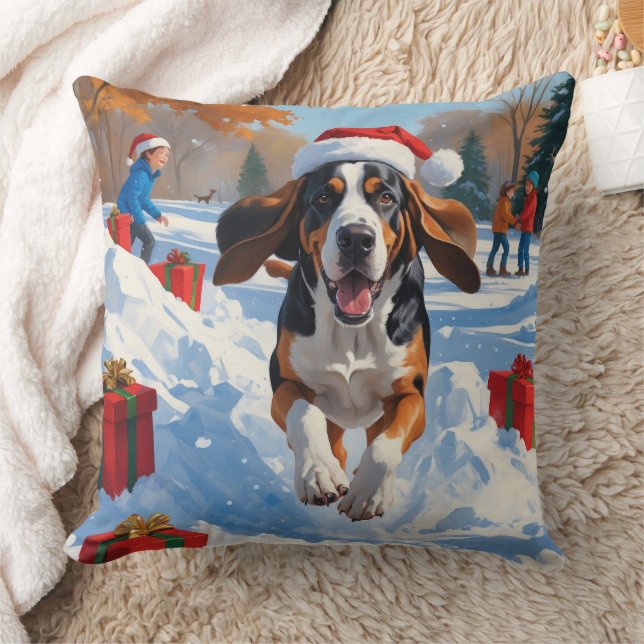 Bluetick Coonhound  Christmas Festive Snow Scene Throw Pillow (Blanket)