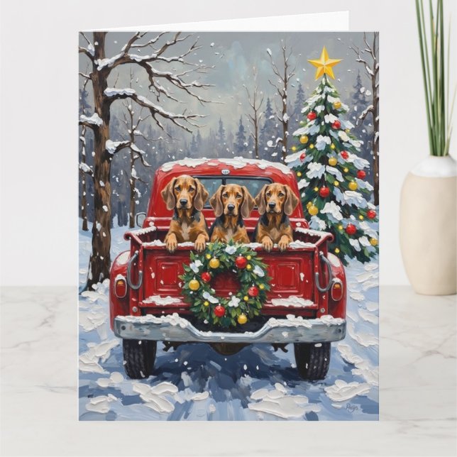 Bluetick Coonhound Christmas Red Truck Holiday Card (Front)