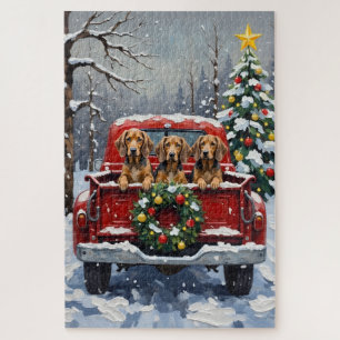 Bluetick Coonhound Christmas Red Truck Holiday Jigsaw Puzzle