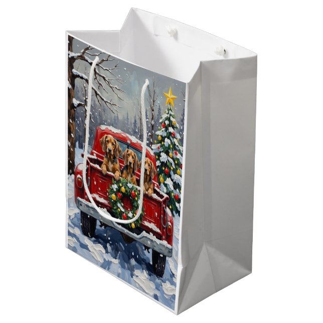 Bluetick Coonhound Christmas Red Truck Holiday Medium Gift Bag (Front Angled)