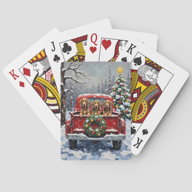 Bluetick Coonhound Christmas Red Truck Holiday Playing Cards (Back)